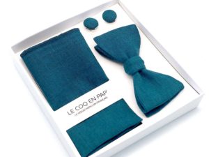  Le Coq en Pap' - Coffret noeud papillon bleu canard uni en lin