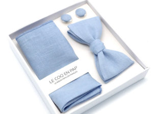  Le Coq en Pap' - Coffret noeud papillon bleu ciel uni en Lin