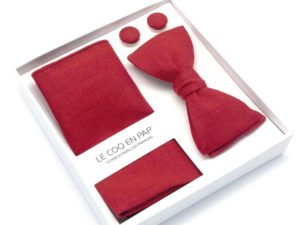  Le Coq en Pap' - Coffret noeud papillon rouge grenat uni en lin