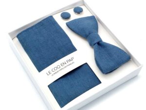  Le Coq en Pap' - Coffret noeud papillon bleu stone uni en lin