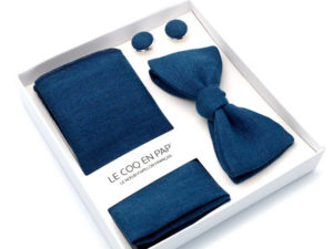  Le Coq en Pap' - Coffret noeud papillon bleu marine uni en lin