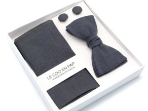  Le Coq en Pap' - Coffret noeud papillon noir carbone uni en lin