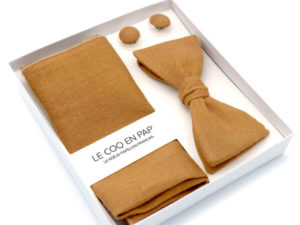  Le Coq en Pap' - Coffret noeud papillon beige caramel uni en lin