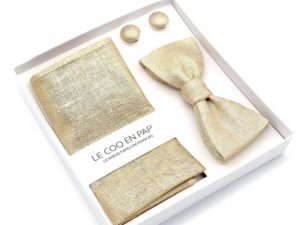  Le Coq en Pap' - Coffret noeud papillon Champagne uni en lin