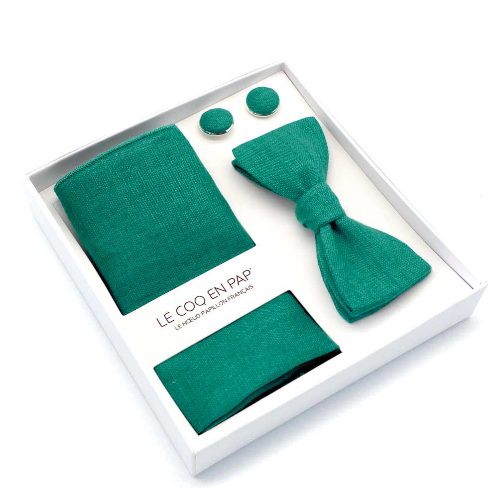 Coffret noeud papillon vert sapin uni en lin - Le Coq en Pap'