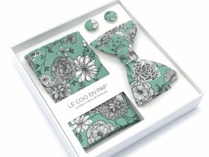  Le Coq en Pap' - Coffret noeud papillon fleuri vert eucalyptus dahlia