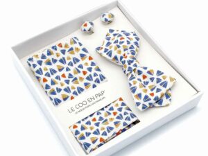  Le Coq en Pap' - Coffret noeud papillon graphique blanc et bleu apache