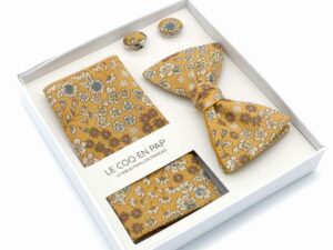  Le Coq en Pap' - Coffret noeud papillon jaune moutarde fleuri frou-frou