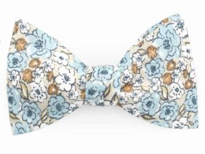  Le Coq en Pap' - Noeud papillon fleuri beige sable, bleu et revers lin beige sable shabby chic