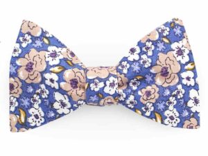  Le Coq en Pap' - Noeud papillon fleuri bleu bleuet, rose et revers lin rose poudré shabby chic