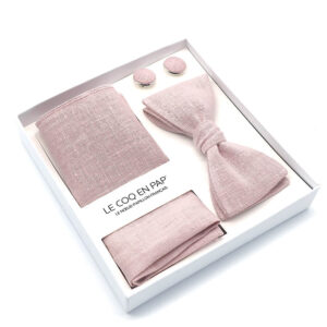 Coffret noeud papillon pochette de costume boutons de manchette uni rose poudre lin