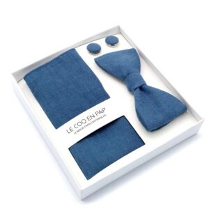 Coffret noeud papillon bleu stone uni en lin