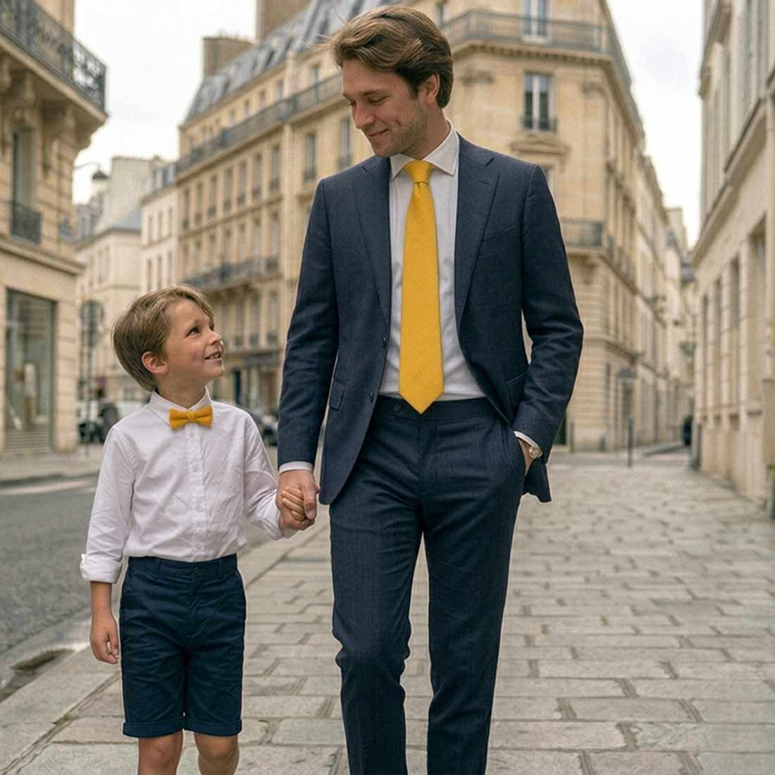 Cravate jaune moutarde en lin Le Coq en Pap made in france couleur homme photo porte