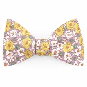 Noeud papillon violet parme, jaune et revers lin vert sauge fleuri shabby chic