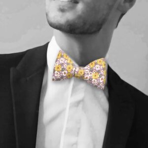 Noeud papillon violet parme, jaune et revers lin vert sauge fleuri shabby chic – Image 3