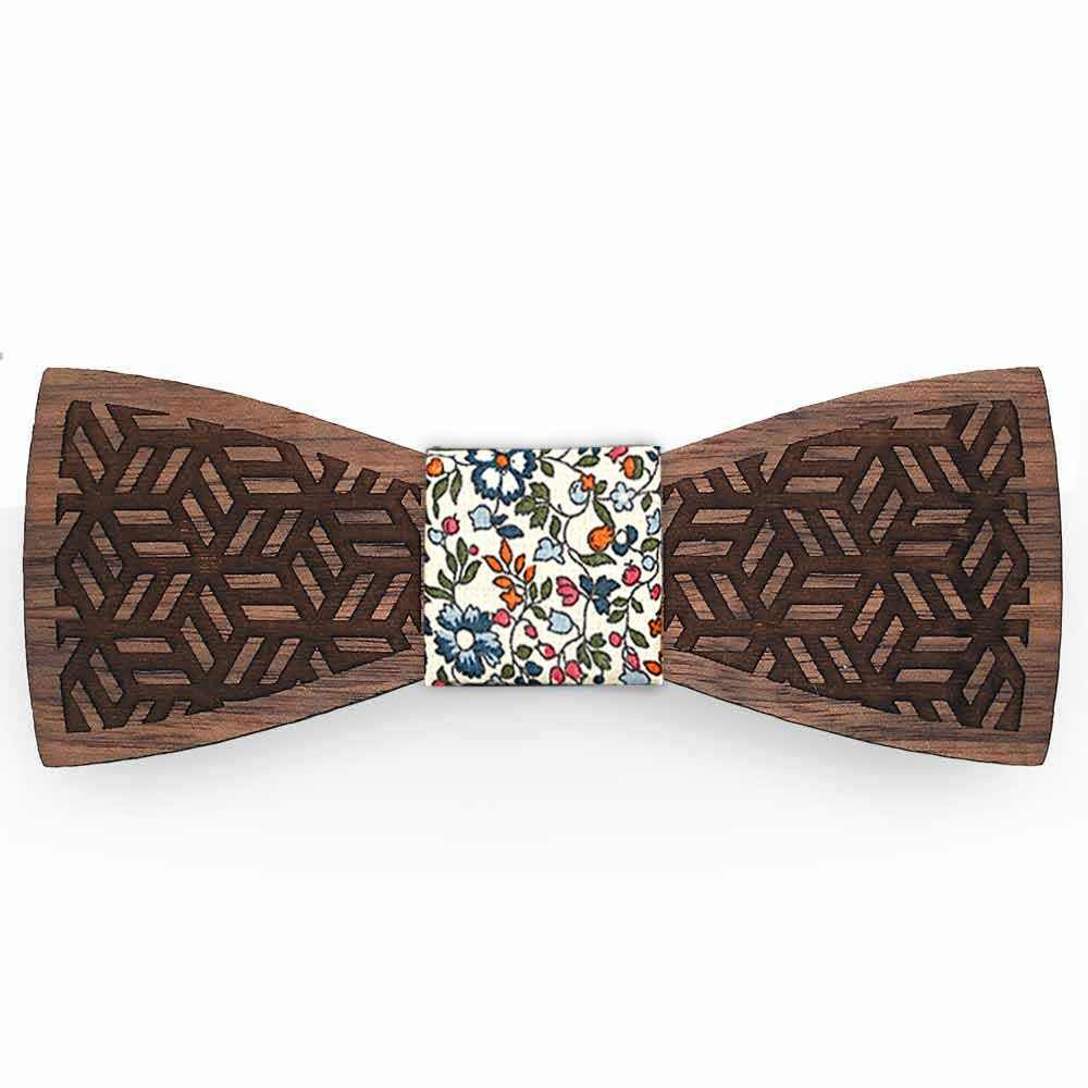Noeud papillon bois noyer gravure rubik fleuri liberty katie and millie d le coq en pap
