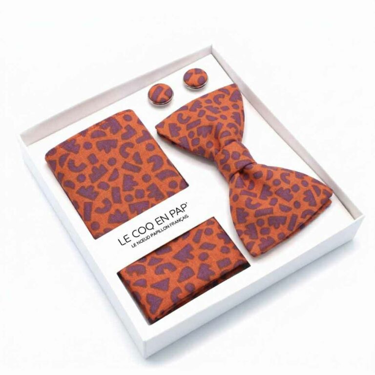 Coffret homme noeud papillon pochette boutons graphique rouille violet graffiti le coq en pap