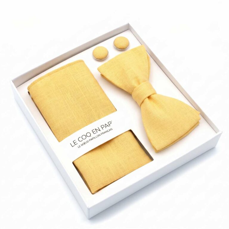Coffret homme noeud papillon pochette boutons jaune matin en lin le coq en pap