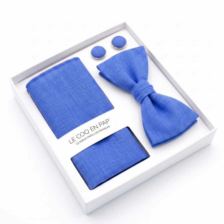 Coffret homme noeud papillon pochette boutons bleu bleuet en lin le coq en pap