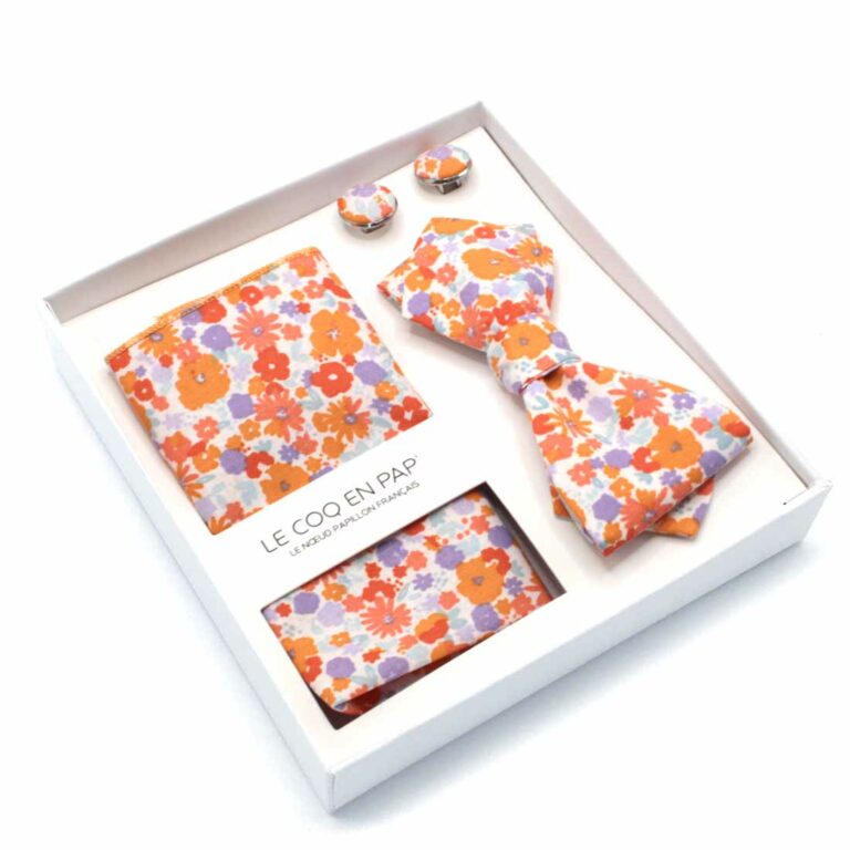 Coffret homme noeud papillon pochette boutons fleuri orange parme be pop s d le coq en pap