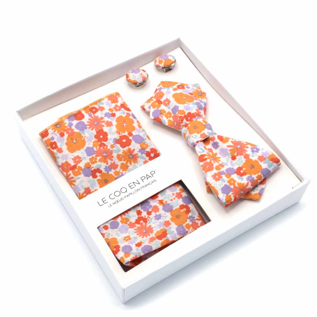 Coffret homme noeud papillon pochette boutons fleuri orange parme be pop s d le coq en pap