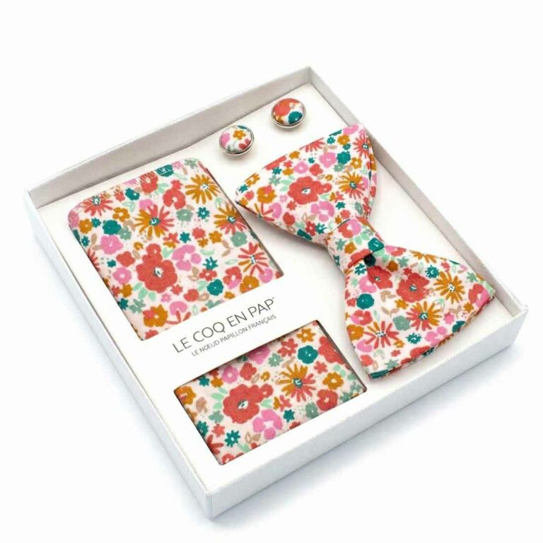 Coffret homme noeud papillon pochette boutons fleuri rose vert be pop s d le coq en pap