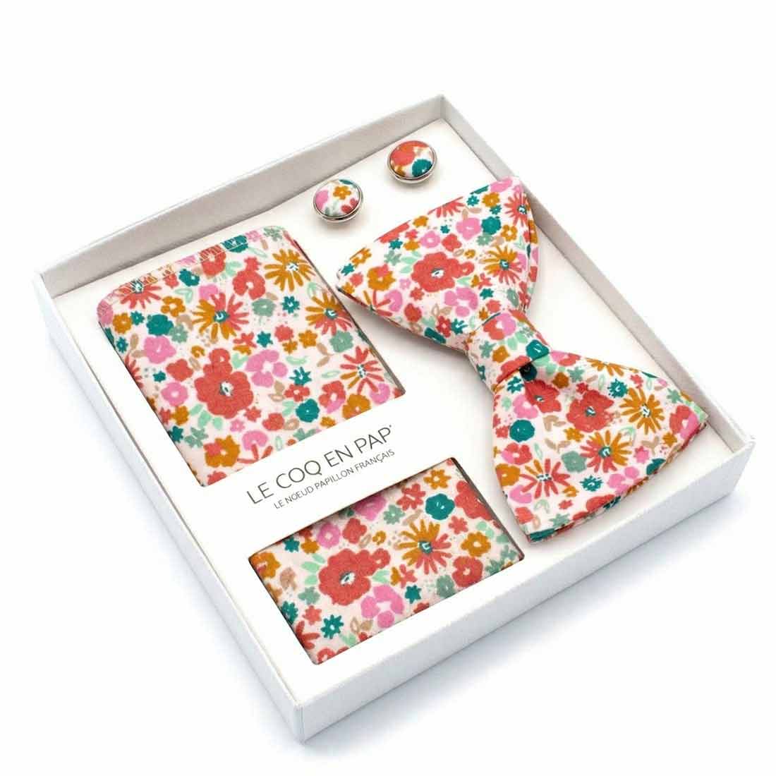 Coffret homme noeud papillon pochette boutons fleuri rose vert be pop s d le coq en pap