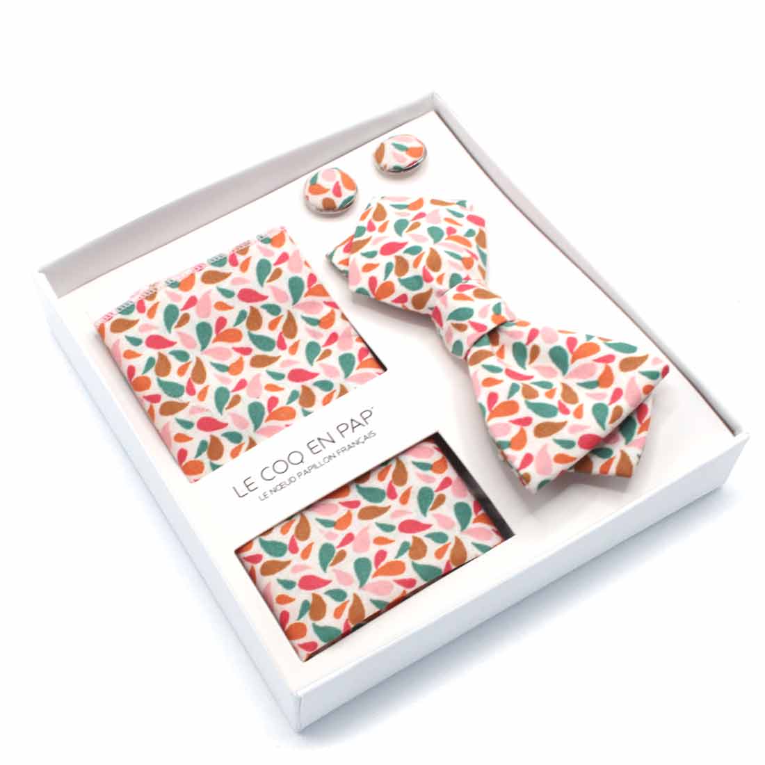 Coffret homme noeud papillon pochette boutons graphique orange canard rouge droppy le coq en pap