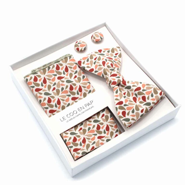 Coffret homme noeud papillon pochette boutons graphique vert sauge terracotta droppy le coq en pap
