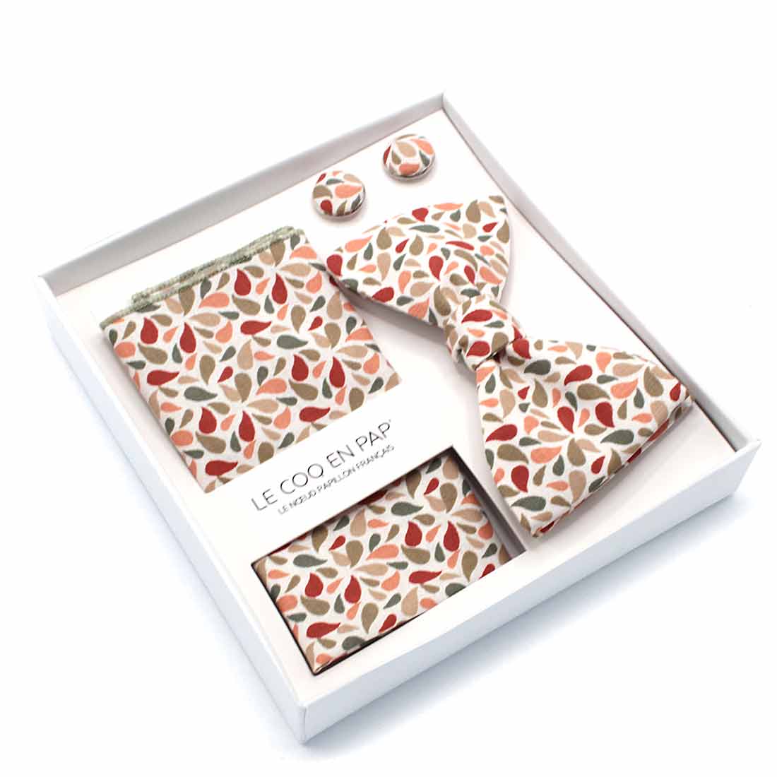 Coffret homme noeud papillon pochette boutons graphique vert sauge terracotta droppy le coq en pap