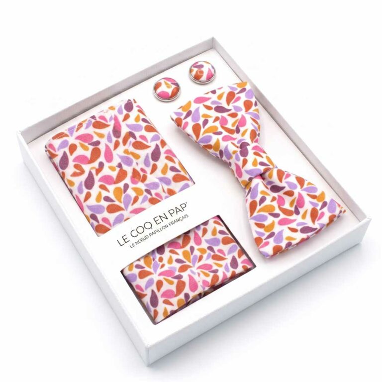 Coffret homme noeud papillon pochette boutons graphique violet orange rose droppy le coq en pap