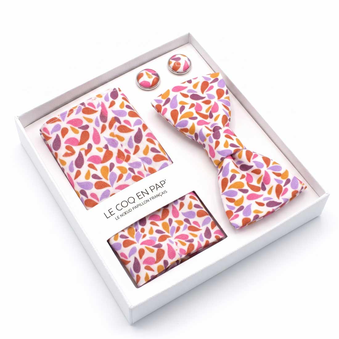Coffret homme noeud papillon pochette boutons graphique violet orange rose droppy le coq en pap