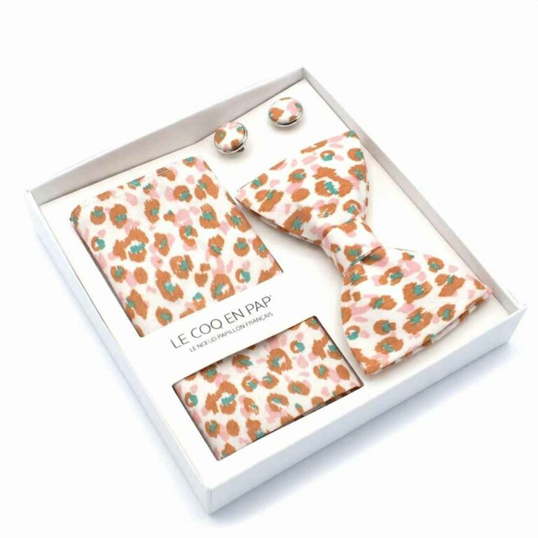 Coffret homme noeud papillon pochette boutons nature rose caramel leo leopard le coq en pap