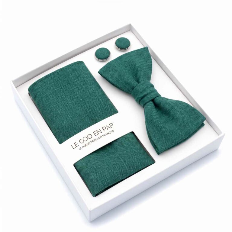 Coffret homme noeud papillon pochette boutons vert anglais en lin le coq en pap