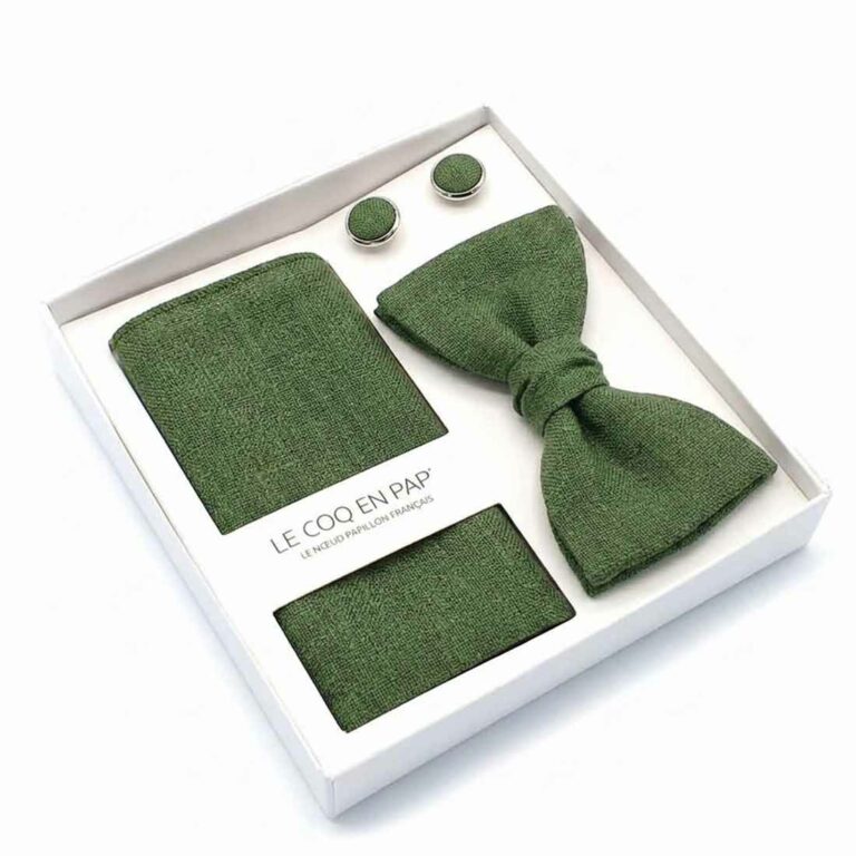 Coffret homme noeud papillon pochette boutons vert kaki en lin le coq en pap
