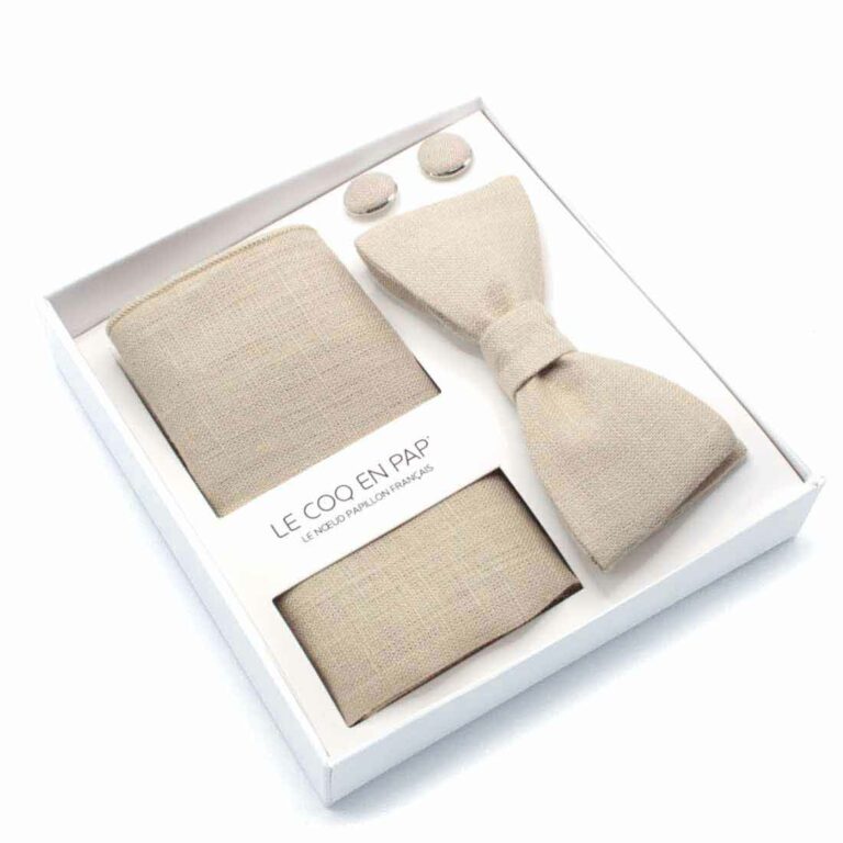 Coffret noeud papillon pochette de costume boutons de manchette uni beige sable en lin homme le coq en pap made in france