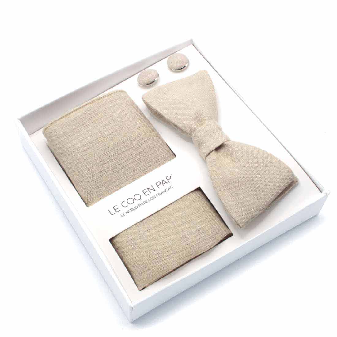 Coffret noeud papillon pochette de costume boutons de manchette uni beige sable en lin homme le coq en pap made in france