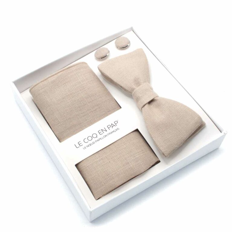 Coffret noeud papillon pochette de costume boutons de manchette uni beige sable en lin homme le coq en pap photo